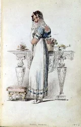 Vestido de baile, placa de moda do Repositório de Artes da Ackermann (gravação colorida)