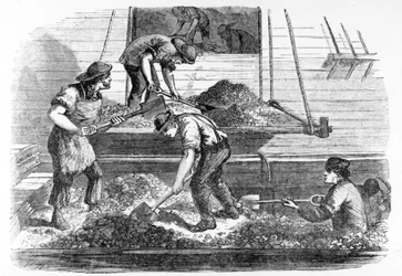 Emissores de lastro no trabalho na piscina, ilustração de &39;London Labour and the London Poor&39; por Henry Mayhew, c.1840s