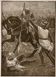 Batalha de Evesham: Rei Henrique em perigo, ilustração de Cassells Ilustrada História da Inglaterra (foto sépia)