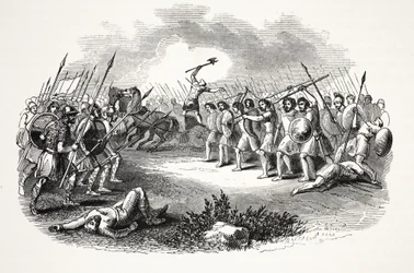 Batalha de Rhuddlan Marsh, pub. Século XIX (gravura em aço)