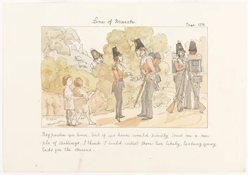 Perdão, mas se a sua honra me emprestasse alguns xelins, acho que eu poderia alistar aqueles dois jovens rapazes de aparência provável para os tambores, c.1850 (aquarela no papel).