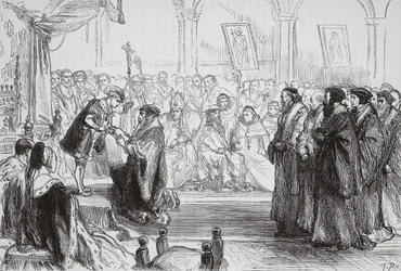 Beza apresentando a Confissão da Igreja Protestante Francesa ao Rei no Colóquio de Poissy, ilustração da História do Protestantismo por James Aitken Wylie (1808-1890), pub. 1878 (engra