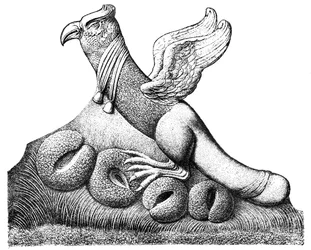 Ave de asas abertas e cauda fálica pousada sobre quatro ovos, escultura galo-romana proveniente de Nîmes, em França