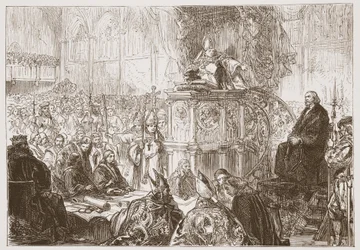 Bispo de Lodi pregando no julgamento de Huss, ilustração da História do Protestantismo por James Aitken Wylie (1808-1890), pub. 1878