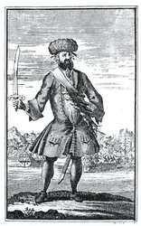 Barba Negra, o Pirata, de Uma História Geral dos Roubos e Assassinatos dos Piratas mais notórios do Capitão Charles Johnson, publicado em 1724