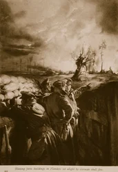 Edifícios agrícolas em chamas na Flandres, iluminados pelo fogo-das-bombas, 1914-19