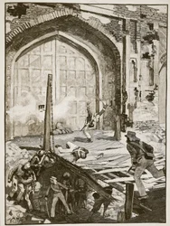 Explodindo o portão de Cashmere em Nova Deli, ilustração da história ilustrada de Cassells da Inglaterra (foto sépia)