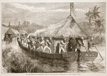Blue-Jackets e Marines Poling a expedição britânica até o rio Perak, ilustração da história ilustrada de Cassells da Inglaterra