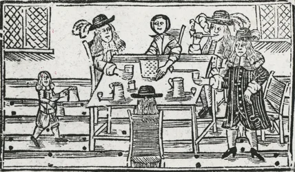 Jogo de tabuleiro e beber na taverna (xilogravura)