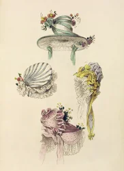 Bonés para ocasião, gravura de moda de Ackermanns Repository of Arts