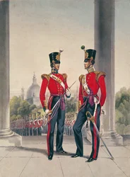 Oficiais Britânicos na Índia (gravura a cores)