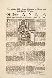 Broadside publicado na morte da Rainha Ana, no domingo 1 de Agosto de 1714 (impressão e xilogravura)