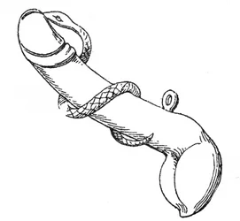 Amuleto de bronze representando um falo cercado por uma serpente