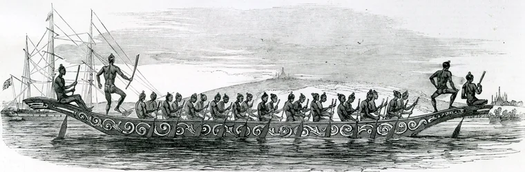 Barco de guerra birmanês, retirado do The London Illustrated News, 1852