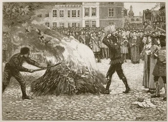 Panfleto de Burning of Blounts pelo carrasco comum, ilustração de história ilustrada de Cassells da Inglaterra (foto sépia)