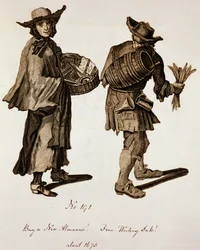 Compre um novo Almanaque! Tinta de escrita fina !, ilustração de vendedores de rua em torno de 1675