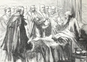 Calvin dirigindo-se ao Conselho pela última vez, ilustração de The History of Protestantism por James Aitken Wylie (1808-1890), pub. 1878