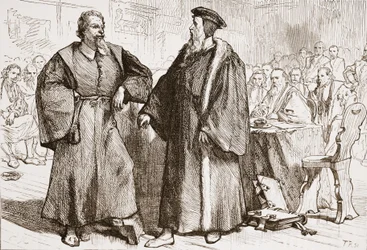 Calvin e Servet antes do Conselho de Genebra, ilustração da História do Protestantismo por James Aitken Wylie (1808-1890), pub. 1878
