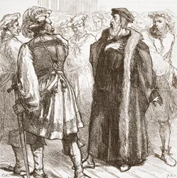 Calvino diante de seus inimigos no Conselho, ilustração de A História do Protestantismo, de James Aitken Wylie (1808-1890), pub. 1878