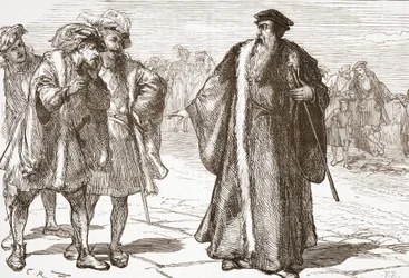 Calvino insultado pelos Libertinos na Ponte do Ródano, ilustração de A História do Protestantismo, de James Aitken Wylie (1808-1890), pub. 1878