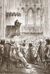 Calvin pregando seu sermão de despedida na expectativa de banimento, ilustração de The History of Protestantism por James Aitken Wylie (1808-1890), pub. 1878