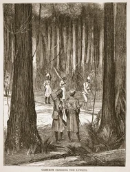 Cameron que cruza o Luwati, ilustração da edição fotográfica da vida e das descobertas de David Livingstone por J. Ewing Richie, bar. por A. Fullarton & Co., 1876