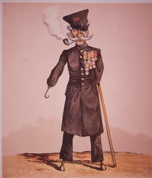 Caricatura de Chelsea Pensioner do Hospital Real, de "Army and Navy Drolleries" do Major Seccombe (gravura colorida)