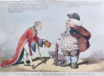 Caricatura ridicularizando Napoleão na época da Proclamação de Napoleão como Imperador em 18 de maio de 1804, 9 de julho de 1804