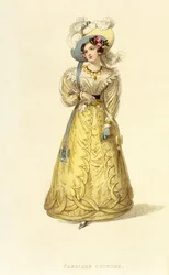 Fato de carruagem, placa de moda de Ackermanns Repository of Arts, c.1827