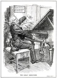 Caricatura satírica de Lloyd George como o Grande Improvisador ou líder dos Improvisa-Tories, junho de 1920