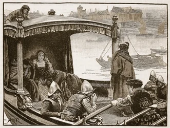 Catherine Howard sendo transportada para a torre, ilustração da história ilustrada de Cassells da Inglaterra (foto sépia)