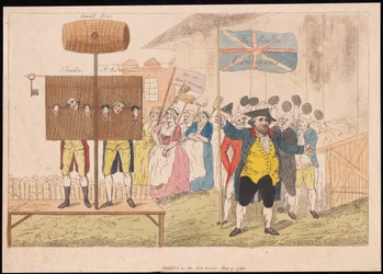 Cecil Wray no Pelourinho Os Direitos dos Comuns, pub. 1784 (gravura colorida à mão)