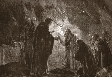 Celebração da Ceia dos Senhores por Calvino e seus colegas protestantes na gruta de Poictiers, ilustração de The History of Protestantism por James Aitken Wylie (1808-1890), pub. 1878