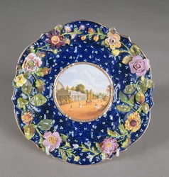 Chamberlains Worcester placa com flor incrustada e uma vista de Montpellier Pump Room, Cheltenham, 1820 (cerâmica)