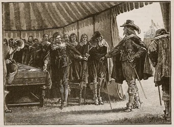 Charles e os comissários escoceses, ilustração da história ilustrada de Cassells da Inglaterra (foto sépia)