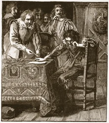 Charles assinando a comissão de consentimento para Straffords Attainder, ilustração da história ilustrada de Cassells da Inglaterra (foto sépia)
