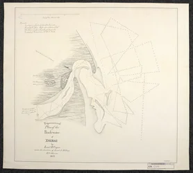 Carta do Dubai, de 1822, elaborada por inspectores marítimos da Companhia Inglesa das Índias Orientais, intitulada Trigonometrical Plan of the Back-water of Debai, pelo tenente R. Cogan, sob a direção do tenente J. M. Guy, H. C. Marine