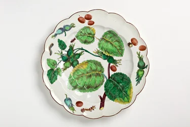 Chelsea prato decorado com ilustração botânica de nozes, insetos e folhas, 1755 (porcelana)