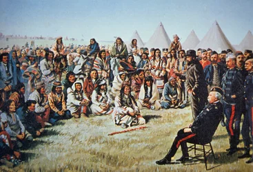 O Chefe do Poundmaker rende-se ao General Middleton durante a Rebelião do Noroeste de 1885 (cor litho)