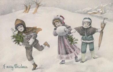 Crianças na neve, postal vitoriano (impressão)