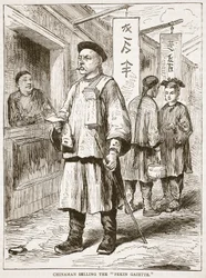 Chinaman, vendendo, a, pekin, gazette, ilustração, de, cassells, ilustrado, história, de, inglaterra
