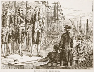 Clive que parte da Índia, ilustração da história ilustrada de Cassells da Índia por James Grant, bar. 1879