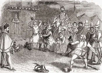 Lançamento do galo, também conhecido como afugentar galos ou arremessar contra galos, de Old England: A Pictorial Museum, publicado em 1847