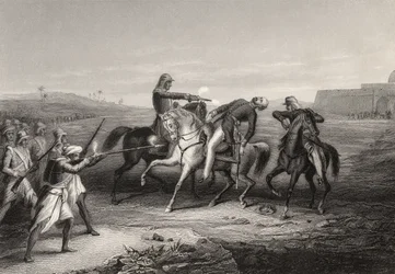 Coronel John Platt morto pelos amotinados em Mhow, em 1º de julho de 1857, de "The History of the Indian Mutiny", publicado em 1858