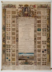 Carta comemorativa mostrando os padrões capturados dos franceses após a Batalha de Blenheim, c.1704 (gravura de linha colorida)