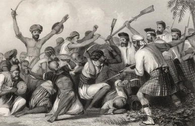 Conflito com os Ghazees antes de Bareilly em 6 de maio de 1858, de "A História do Motim Indiano", publicado em 1858