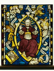 Painel conservado da Great East Window na York Minster: &39;Deus em Majestade&39;