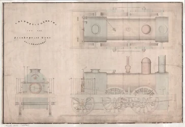 Desenho de construção, locomotiva 0-4-2 e concurso por R. e W. Hawthorn and Co. para a Stanhope and Tyne Railway Co