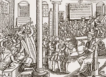 Xilogravura contemporânea de uma escola de gramática Tudor
