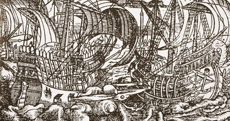 Xilogravura contemporânea de navio de guerra no mar